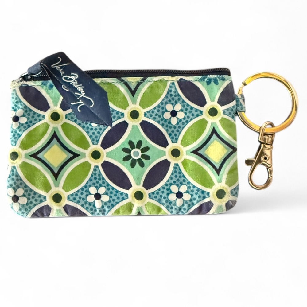 Vera Bradley Blue Green Daisy ID Card Holder Zip Coin Keychain Floral